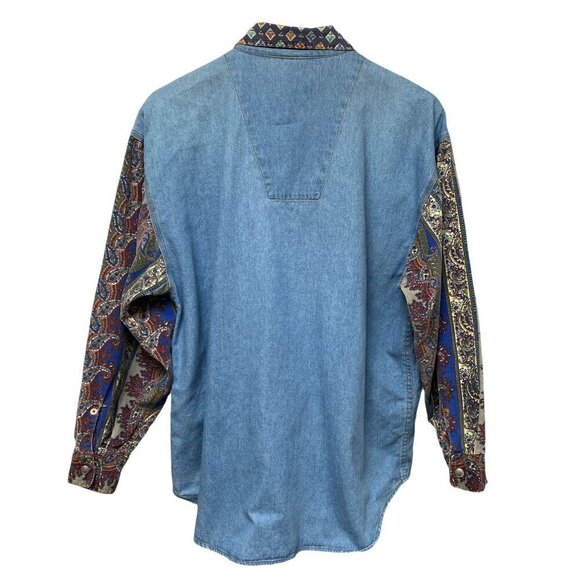 Vintage Denim Shirt Large Patchwork Western Snap Buttons Blue Womens Button Up - Picture 4 of 13